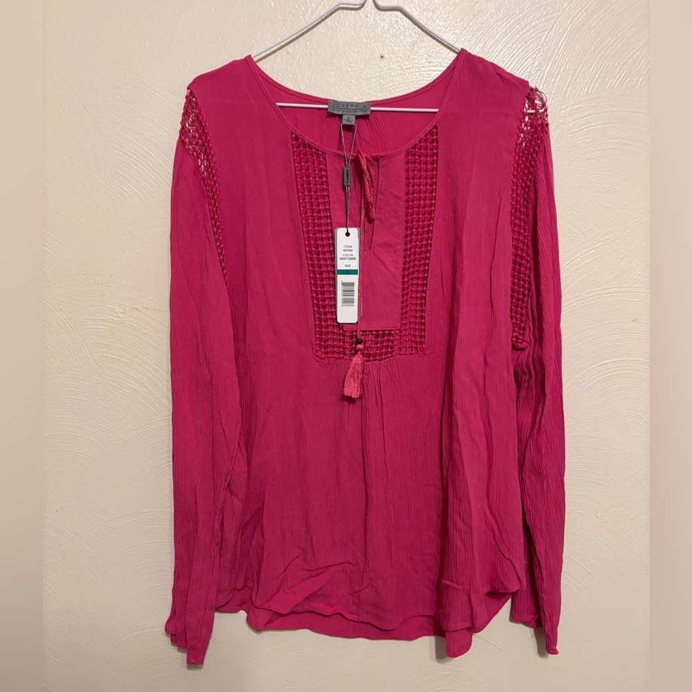 Joseph A Boho Crochet Lace Tassel Blouse Size XL Raspberry NWT